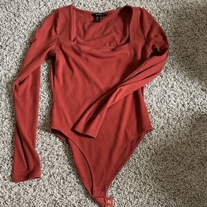 Forever 21 Rust Ribbed Square-Neck Long-Sleeve Bodysuit